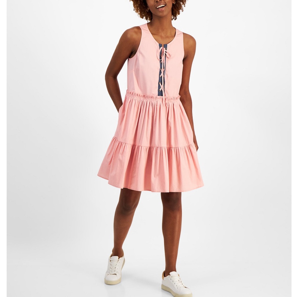 NAUTICA Women’s Lace Up Tiered Ruffled Sleeveless Dress